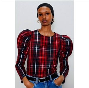 Zara Ballon Sleeve Top Red & Black Plaid XS